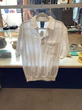Small Tropi-Cool White Striped Mesh Short Sleeve Polo Shirt with Pocket